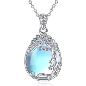 925 Sterling Silver Moonstone Necklace Filigree Teardrop Pendant NecklaceJewelry